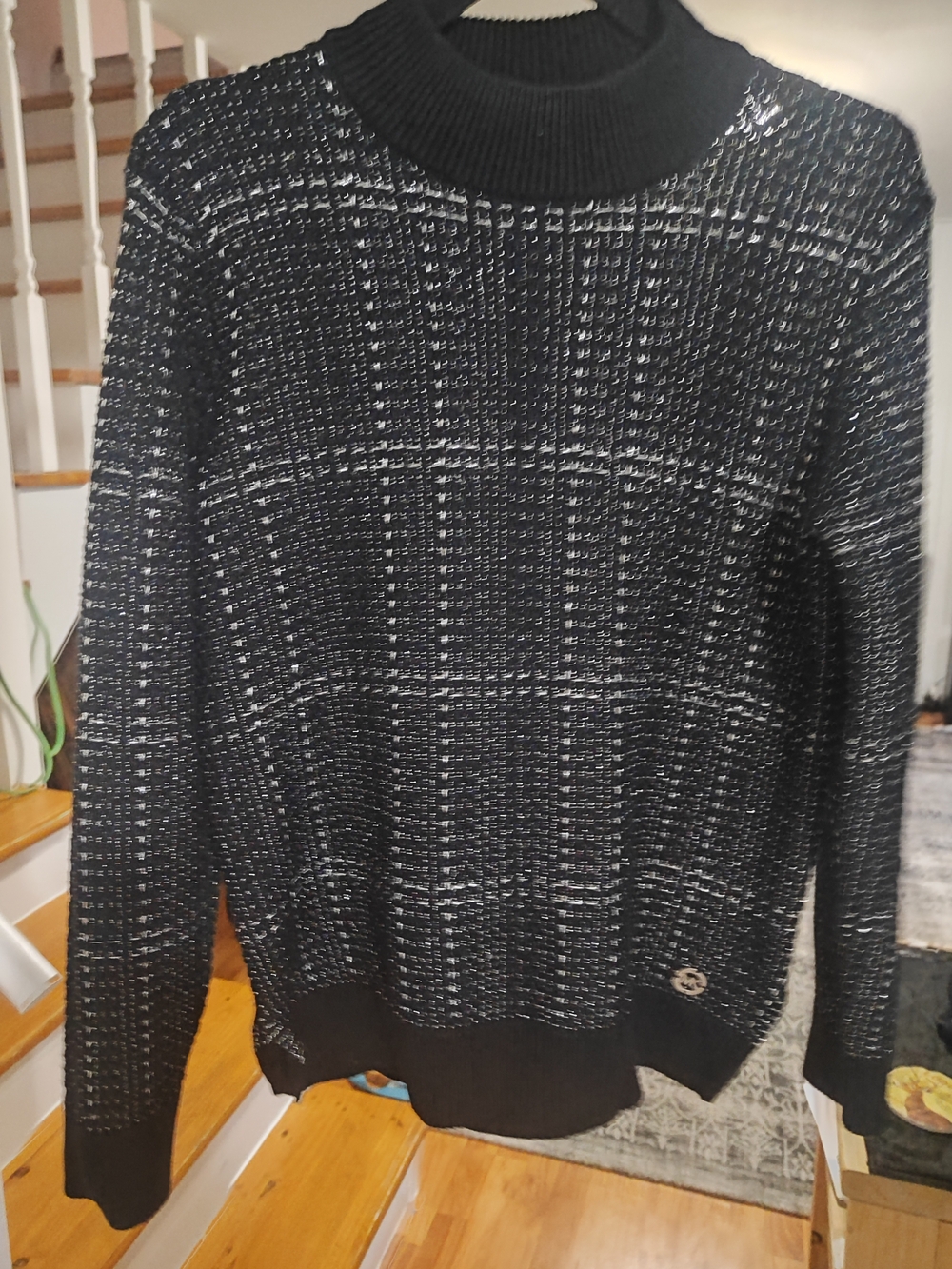 Michael Kors Women's Black and Silver Metallic Textured Plaid Sweater